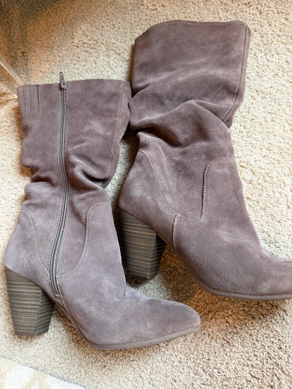 Sonoma Taupe Suede Mid-Calf Slouch Block Heel Boots